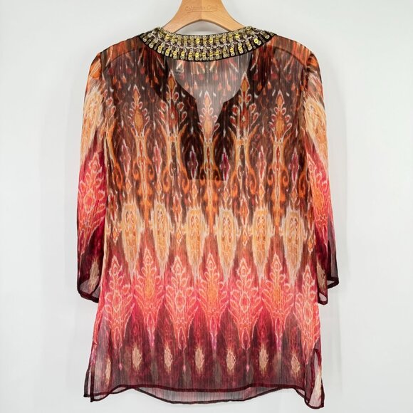 Chico's 1 semi Sheer Tunic Top Beaded Neckline 3/4 sleeve Size medium - Picture 8 of 11